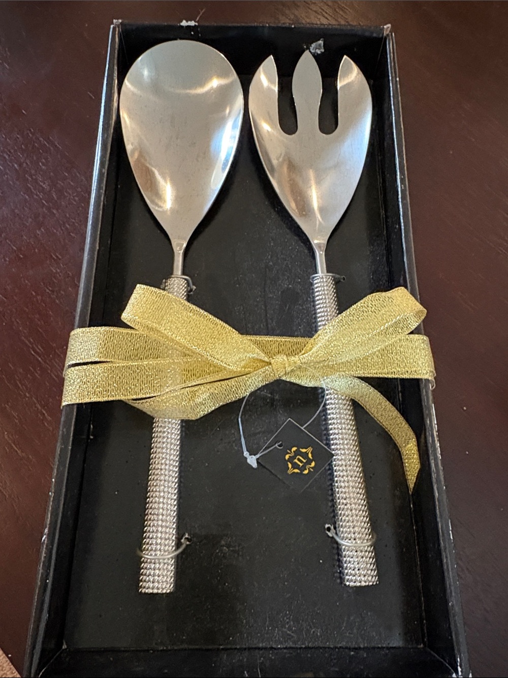 Nanette Lepore Silver Salad Servers with Gold Ribbon Accent